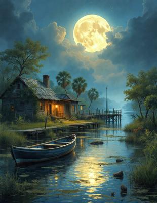 Primary subject: A boat on the water.
Setting/background: A house and a pier are visible in the background.
Visual style: The image is a painting.
Colors and mood: The painting has a warm and serene atmosphere, with the boat and the house reflecting the moonlight.